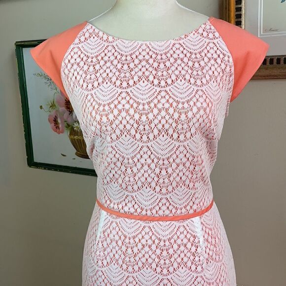 Alex Marie Peach Dress with White Lace Overlay, Cap Sleeves (Size: 8) - Picture 2 of 15